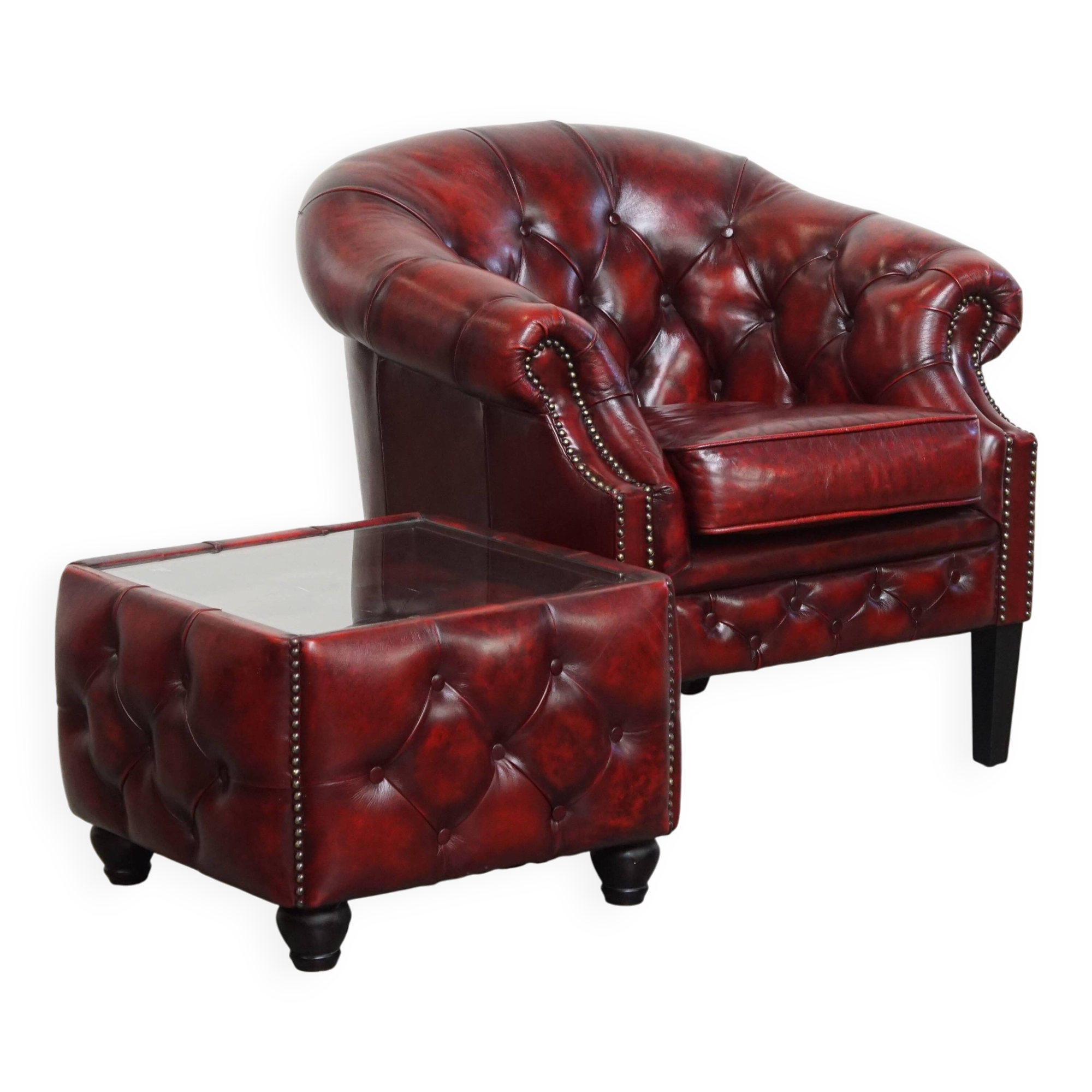 Set of a Red Cowhide Leather Chesterfield Club Chair and Side Table