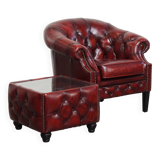 Set of a Red Cowhide Leather Chesterfield Club Chair and Side Table