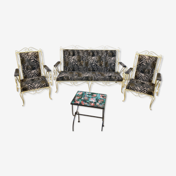 Salon vintage en fer forgé canapé et 2 fauteuils banquette