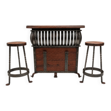 Lot Bar et tabouret en fer forgé et bois