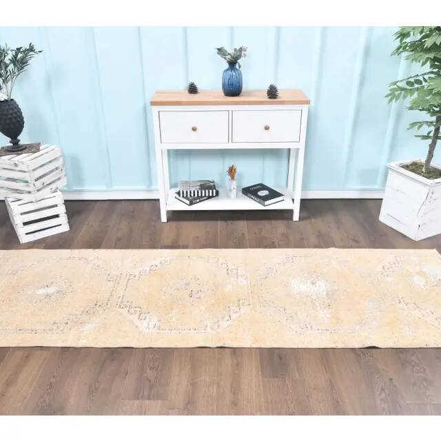 1960s orange geometric Turkish hand-knotted runner 91x330