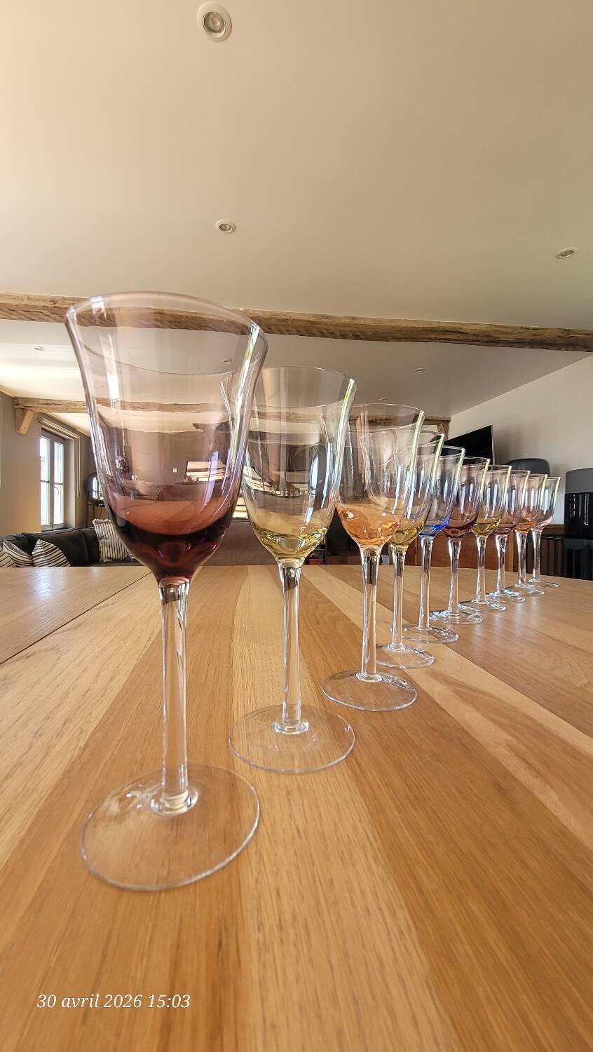 10 coloured glass stemmed glasses