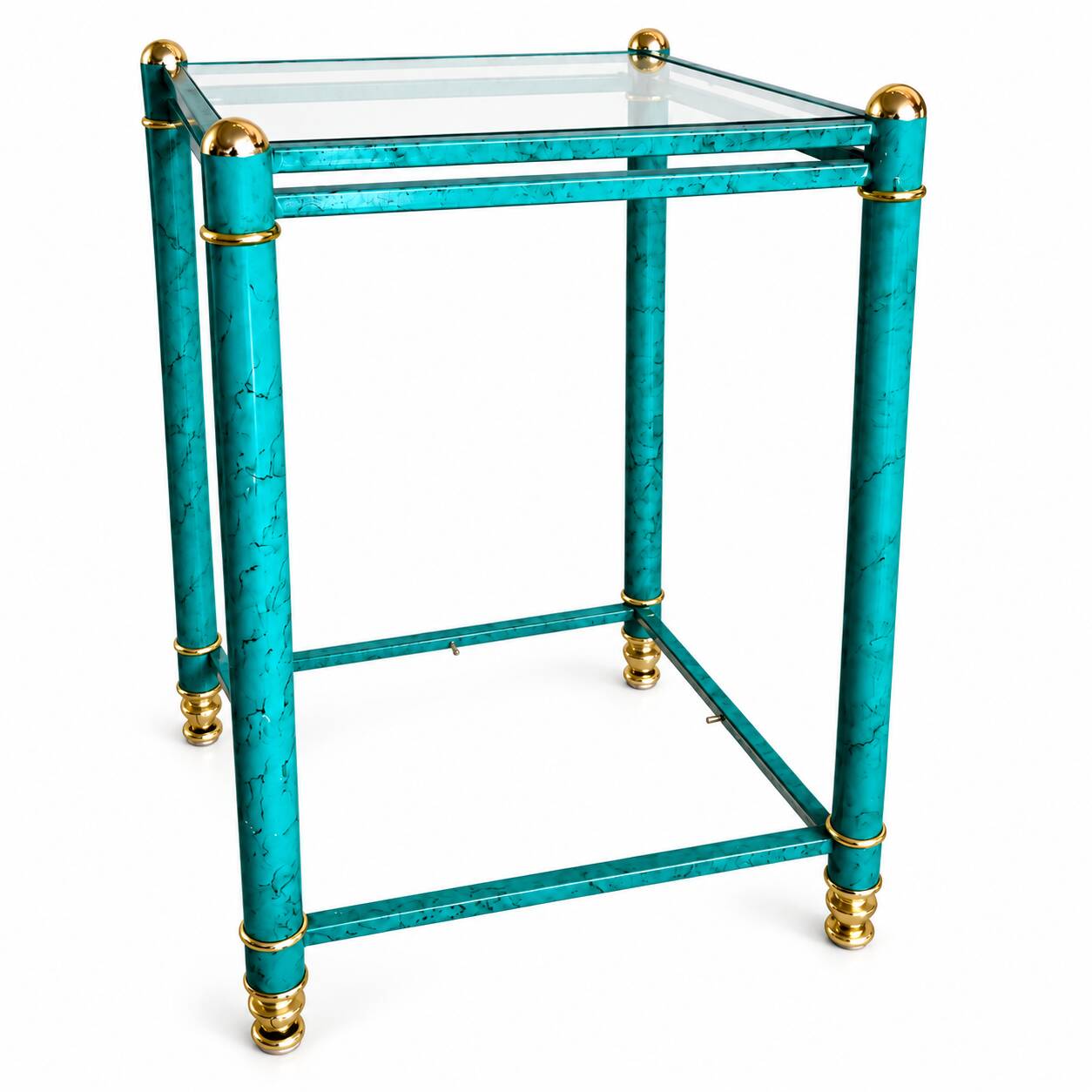 Hollywood Regency Faux Malachite Side Table with Glass Shelves