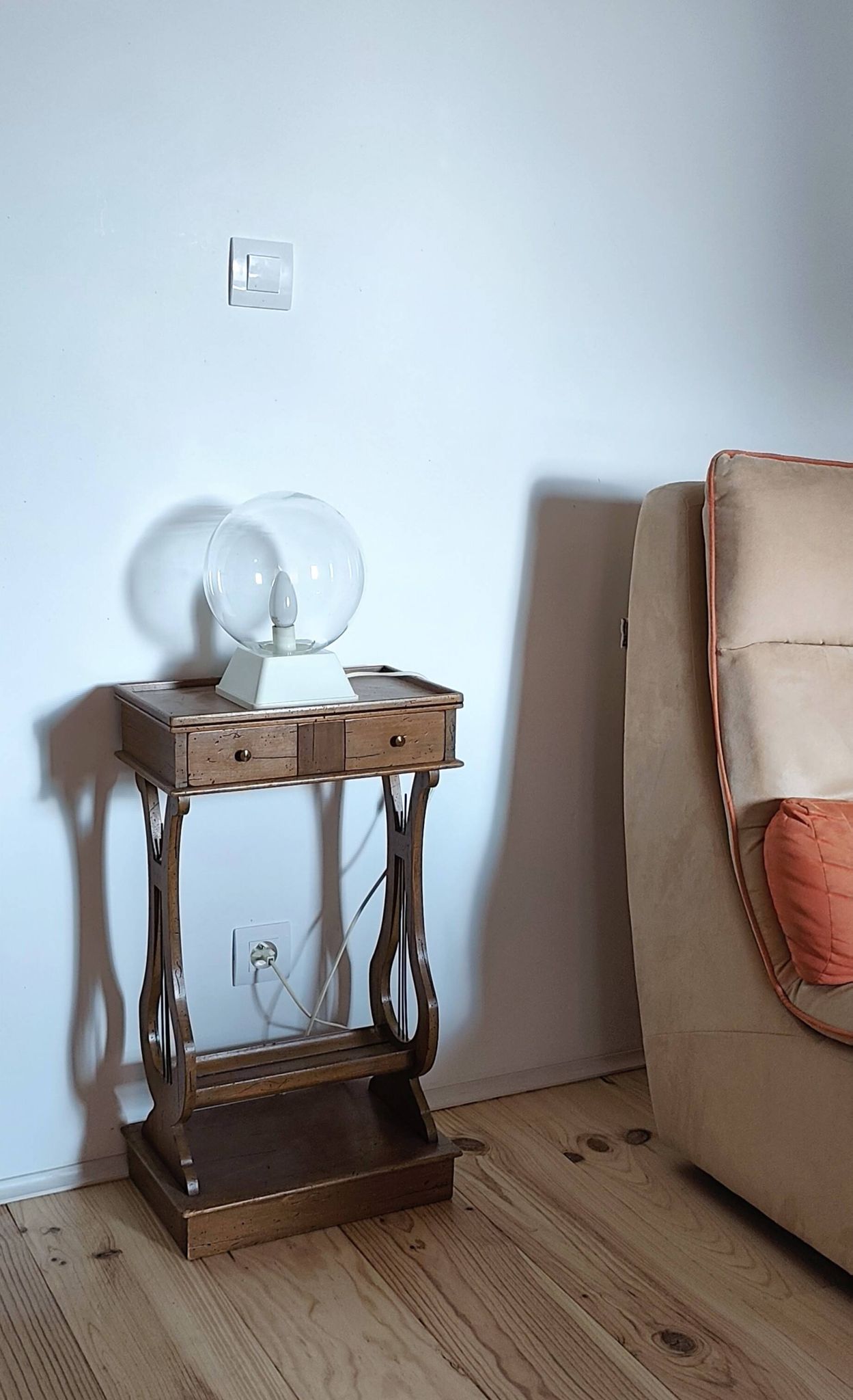 Lyre bedside table, cherry wood, 1960s.