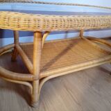 Vintage wicker coffee table and transparent glass tray