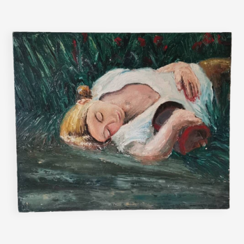 Table vintage oil painting portrait of woman lying in the grass signed dated