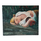 Tableau peinture à l'huile vintage portrait de femme couchée dans l'herbe signé daté