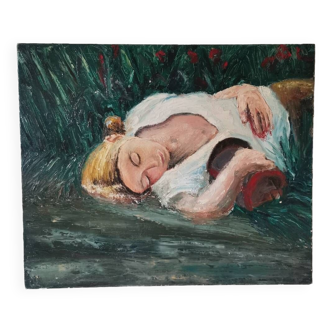 Tableau peinture à l'huile vintage portrait de femme couchée dans l'herbe signé daté