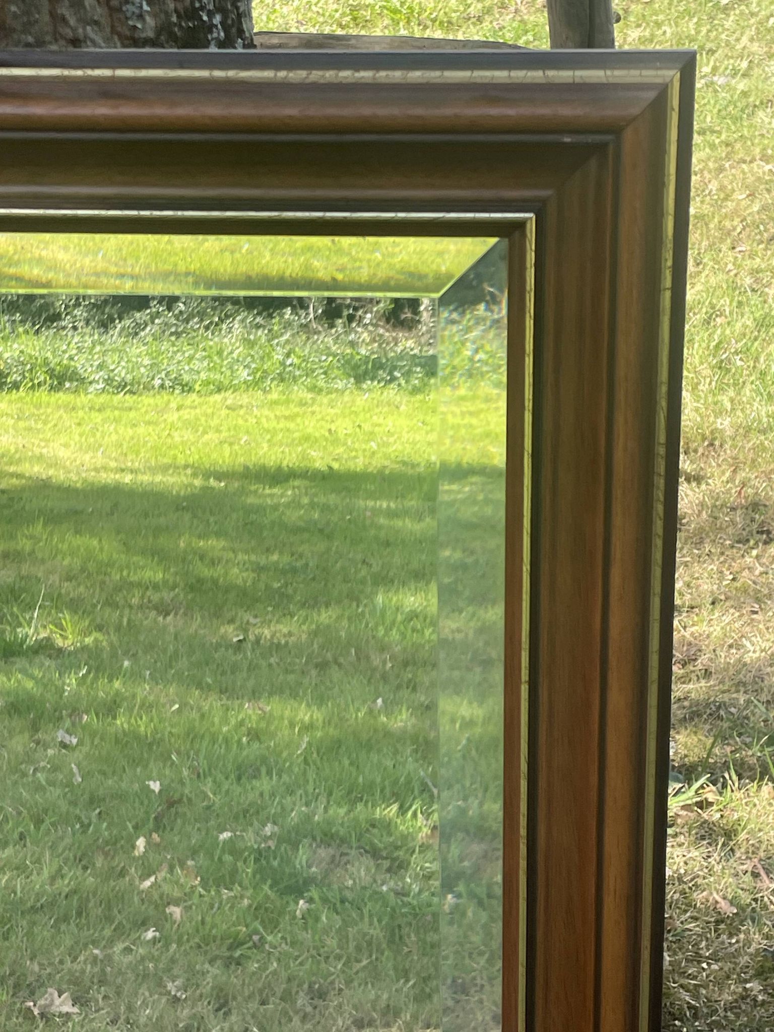 Large natural wood moulding mirror, gold fillet highlight, bevelled mirror, (La Gatvinière)