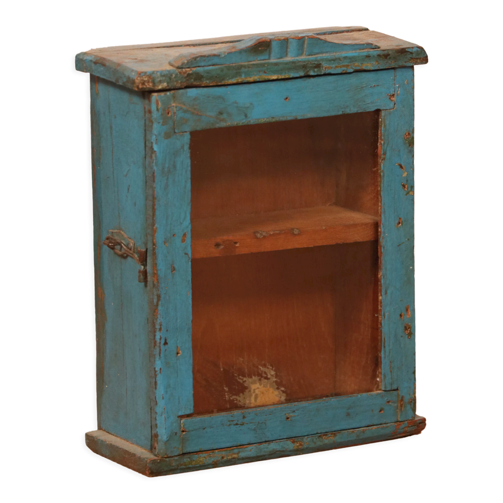 old Art Deco wall display case in original blue teak Burmese patina