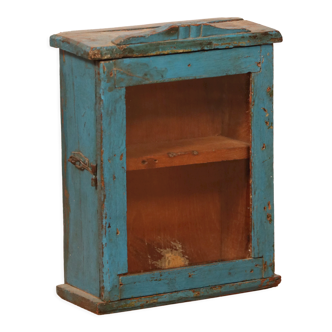old Art Deco wall display case in original blue teak Burmese patina