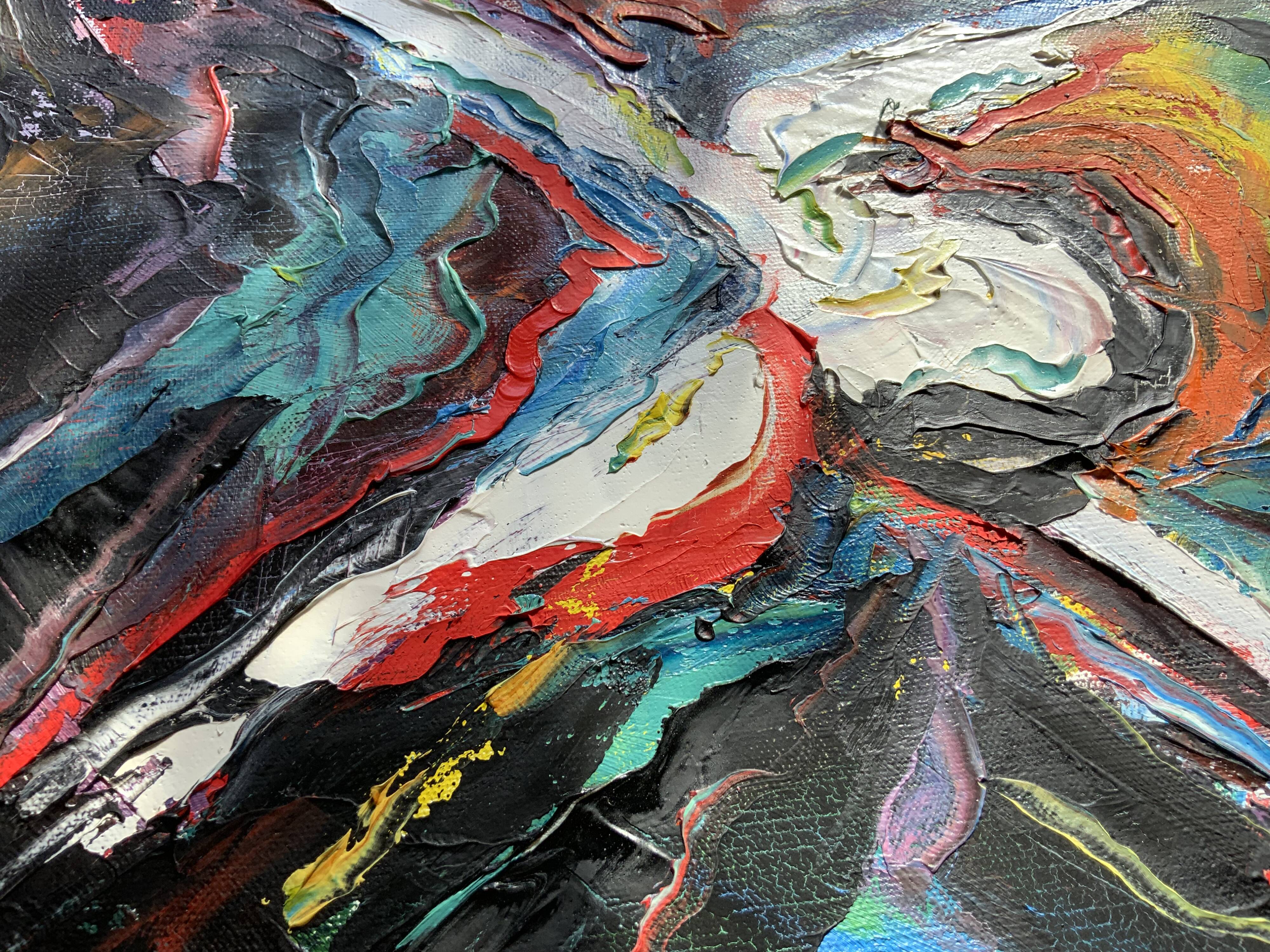 Petite peinture abstraite vintage de paysage, signée Axel, années 1970.