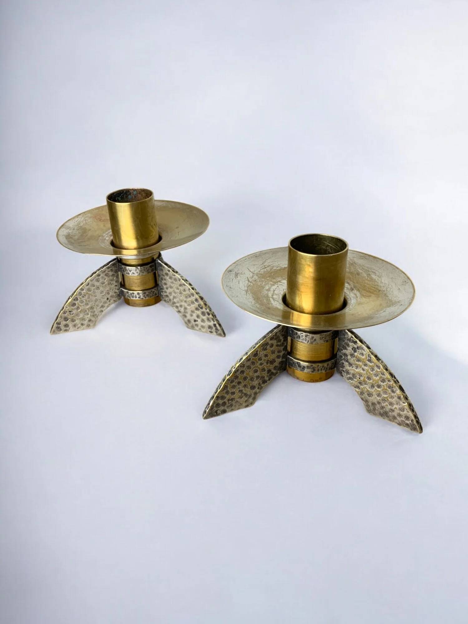 Pair of brutalist candlesticks in brass, Denmark, 1970s