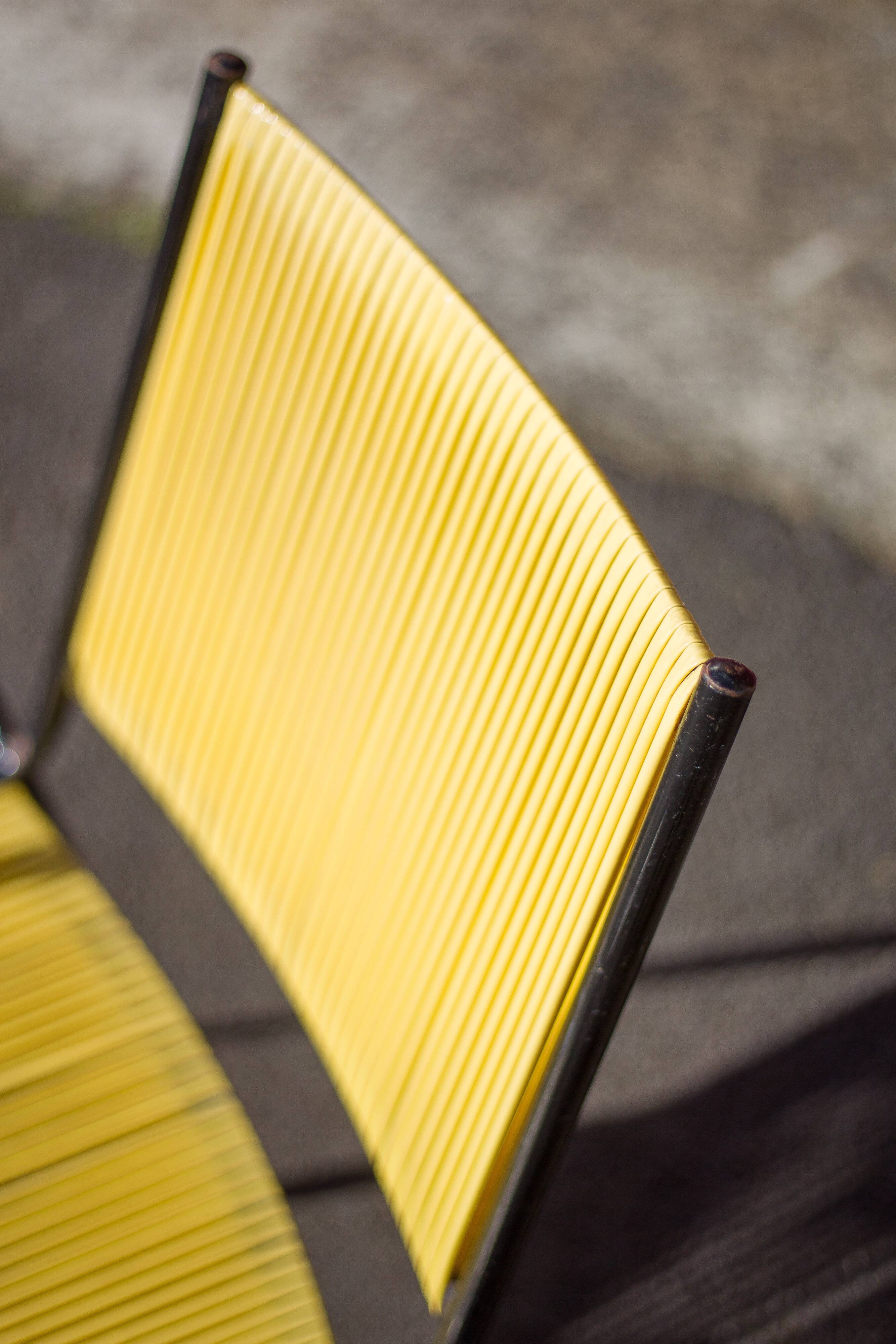 Scoubidou armchair, black metal armchair and yellow plastic wires, vintage chair