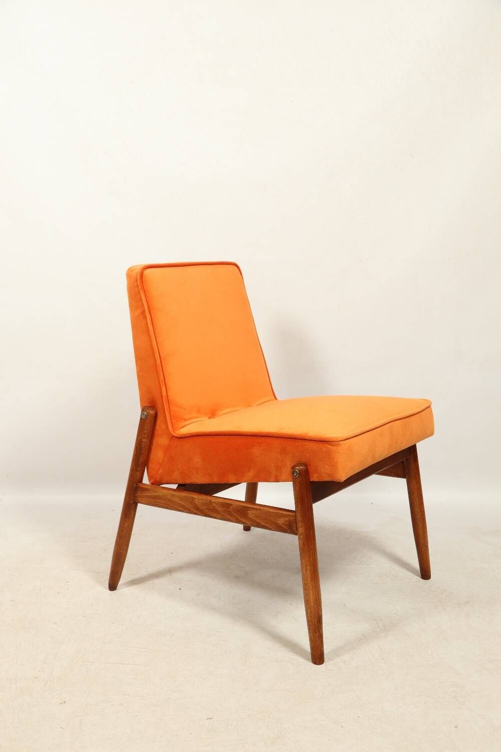 Papaya orange velvet mid century modern 1970s renovated armchair