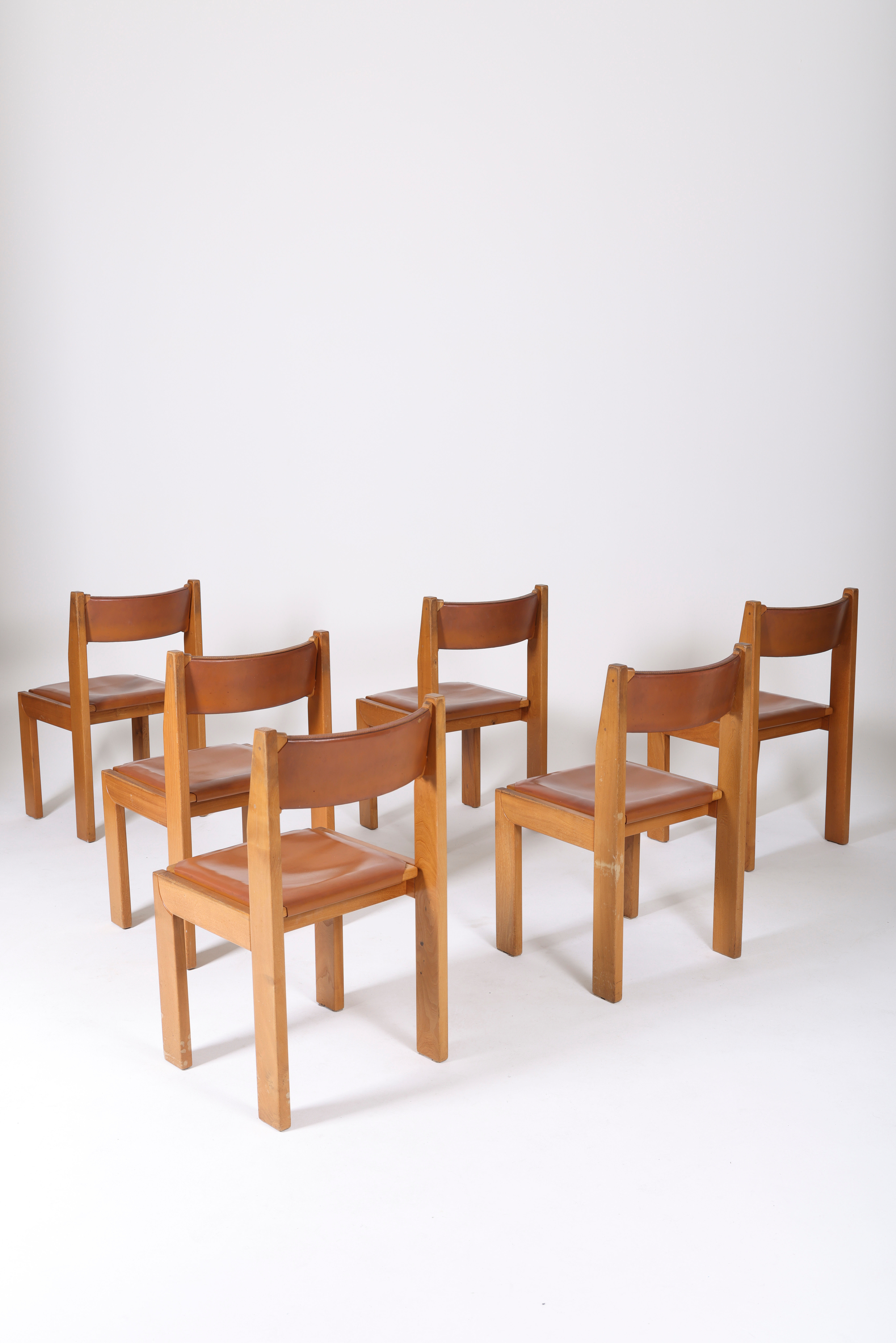 Chaises marron en cuir et bois, 1970s