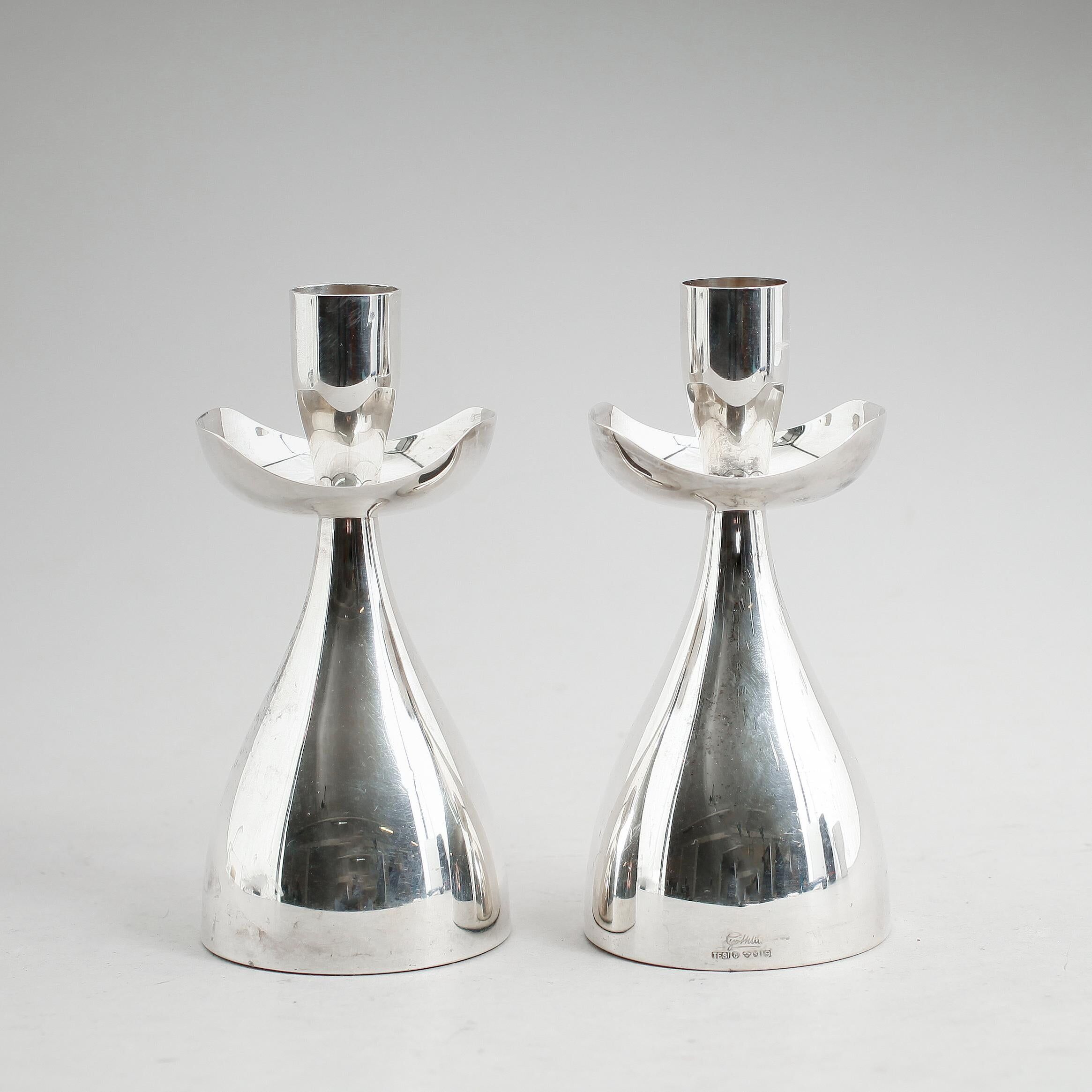 Pair of silver candlesticks by Gosthlin, Sweden, 1960. Signed.