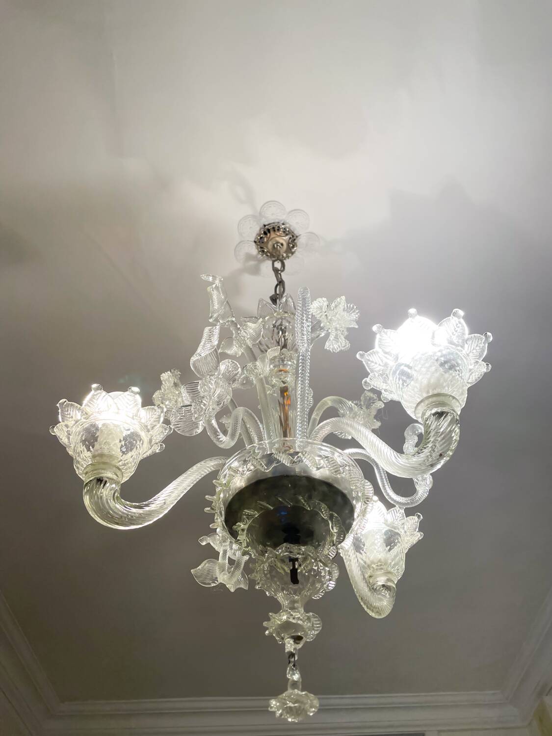 Lustre authentique en verre de Murano – 3 branches – Transparent