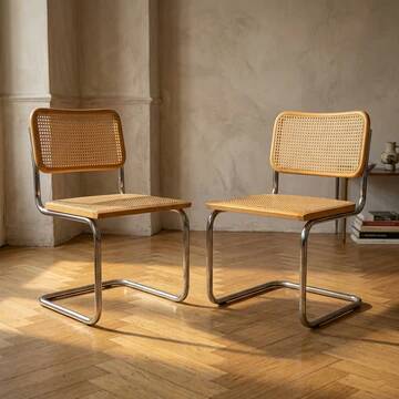 Paire de chaises Cesca, chaises de salle à manger en chrome et rotin Bauhaus par Marcel Breuer, moderne du milieu du siècle, 20e siècle