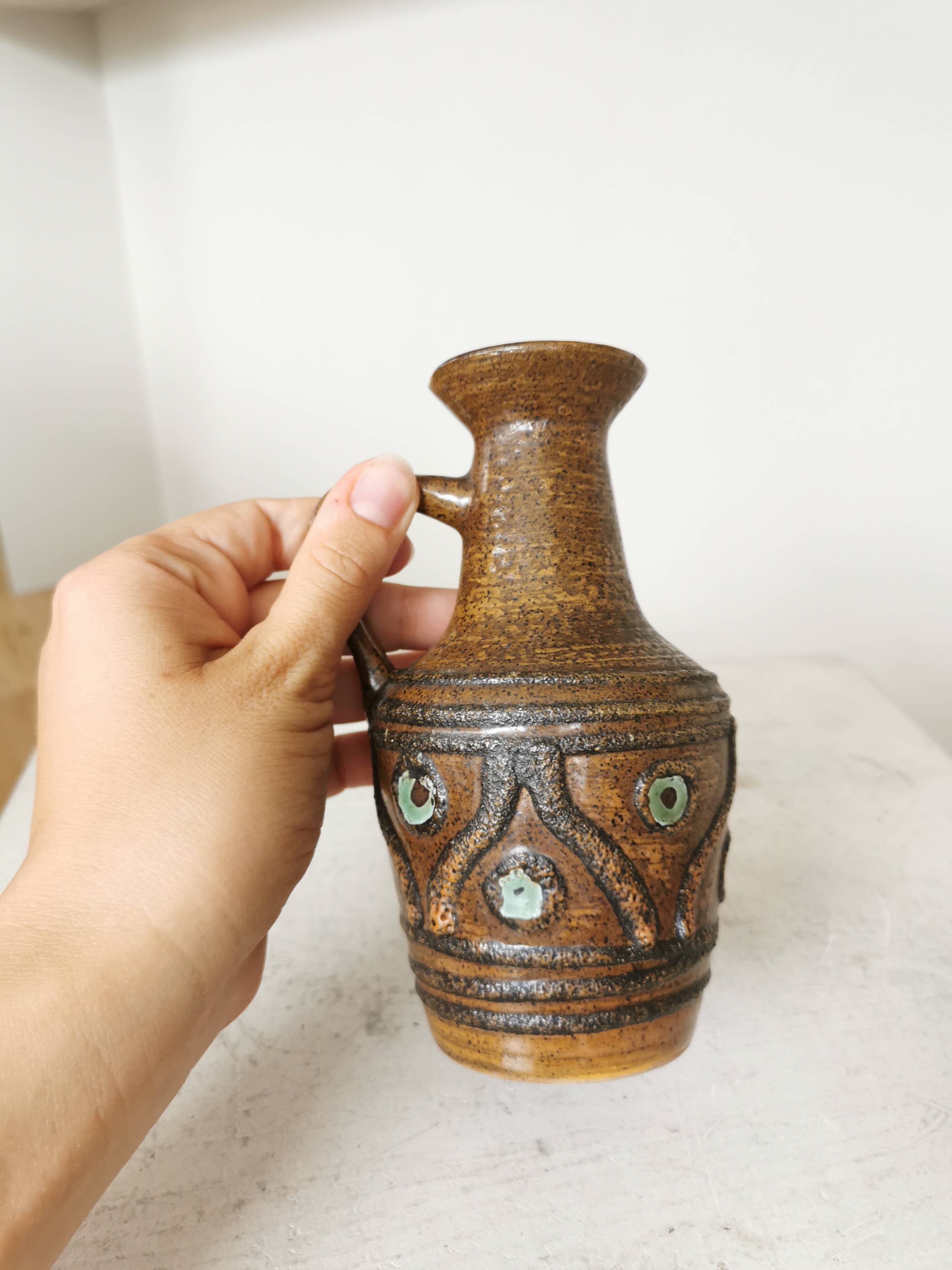 Rustic Ceramic Jug: 1970s West German Pottery Vase, Boho Decor