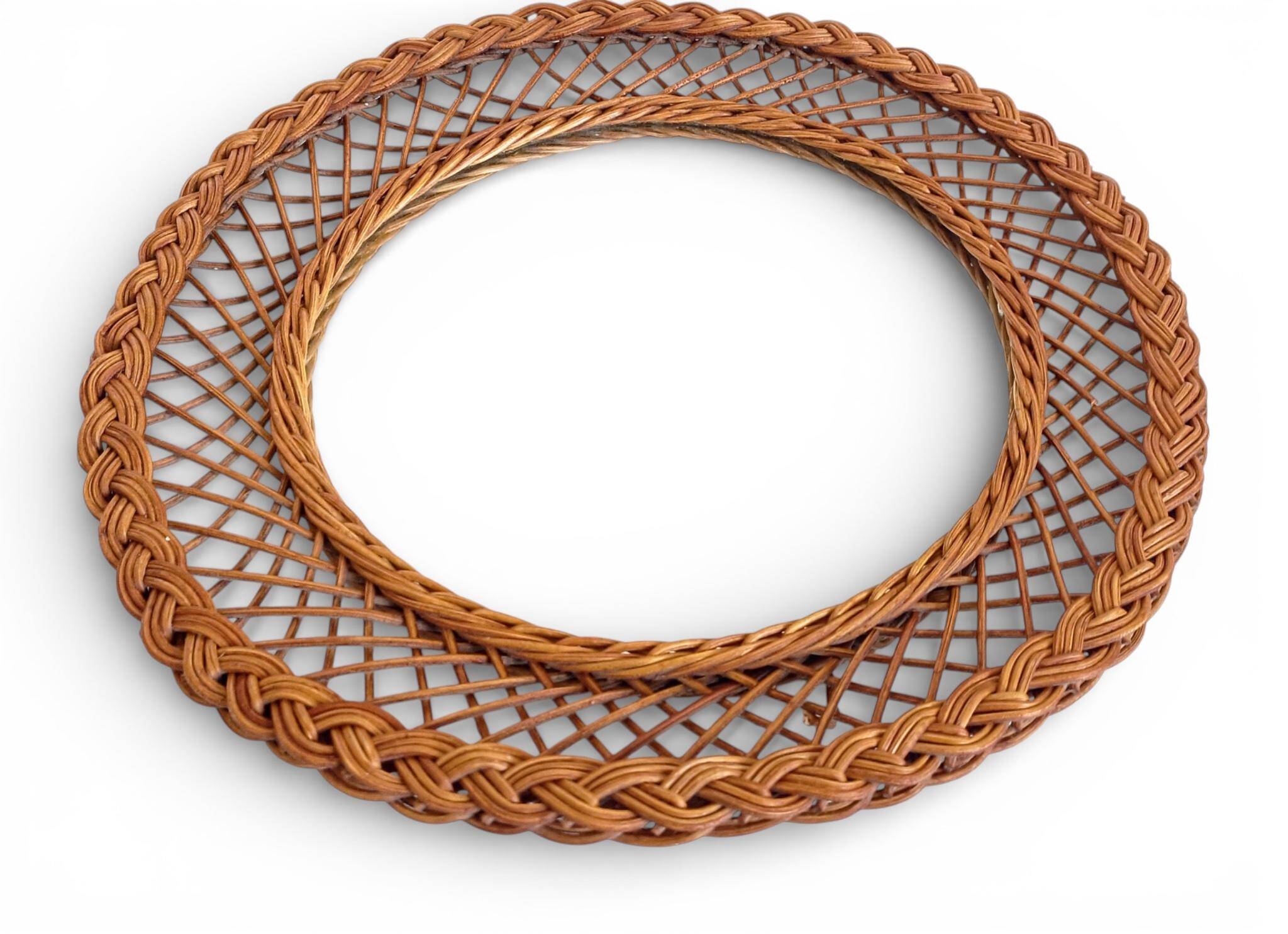 Rustic French Provence Wicker Round Mirror, Organic Modern, Handmade, France