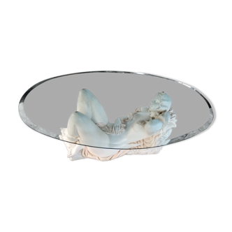 Grande table basse vintage verre sculpture femme érotique céramique année 70