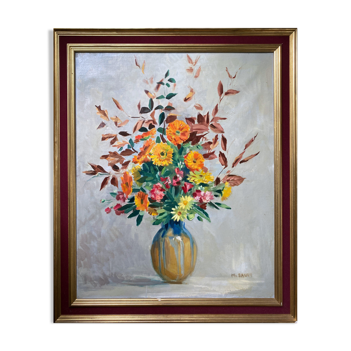 Painting "Flowers in vase" signed M. Saulo, circa 1950 frame