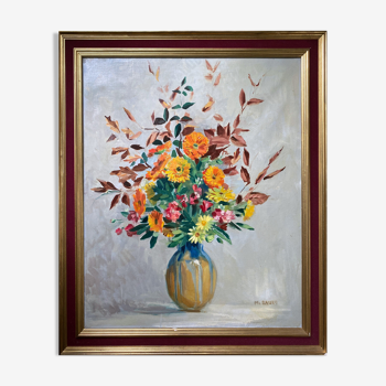 Tableau "Fleurs en vase" signé M. Saulo, vers 1950 cadre