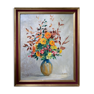 Tableau ''Fleurs en vase'' signé M. Saulo, vers 1950 cadre