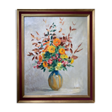 Tableau "Fleurs en vase" signé M. Saulo, vers 1950 cadre