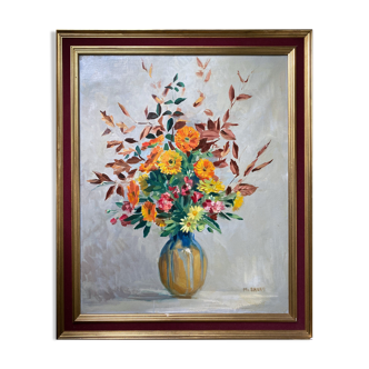 Tableau "Fleurs en vase" signé M. Saulo, vers 1950 cadre