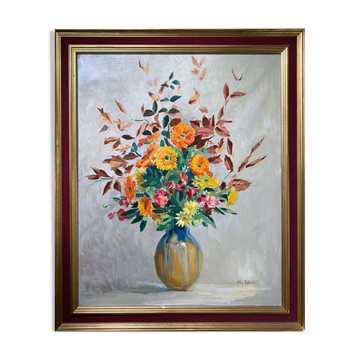 Painting "Flowers in vase" signed M. Saulo, circa 1950 frame