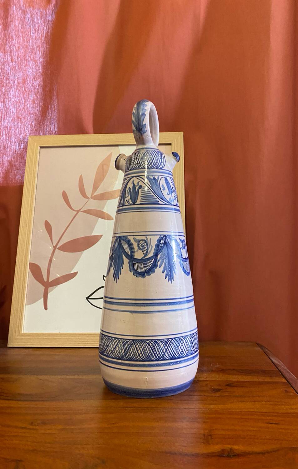 Vintage Spanish Hand Painted Glazed Ceramic Vase / Water Jug