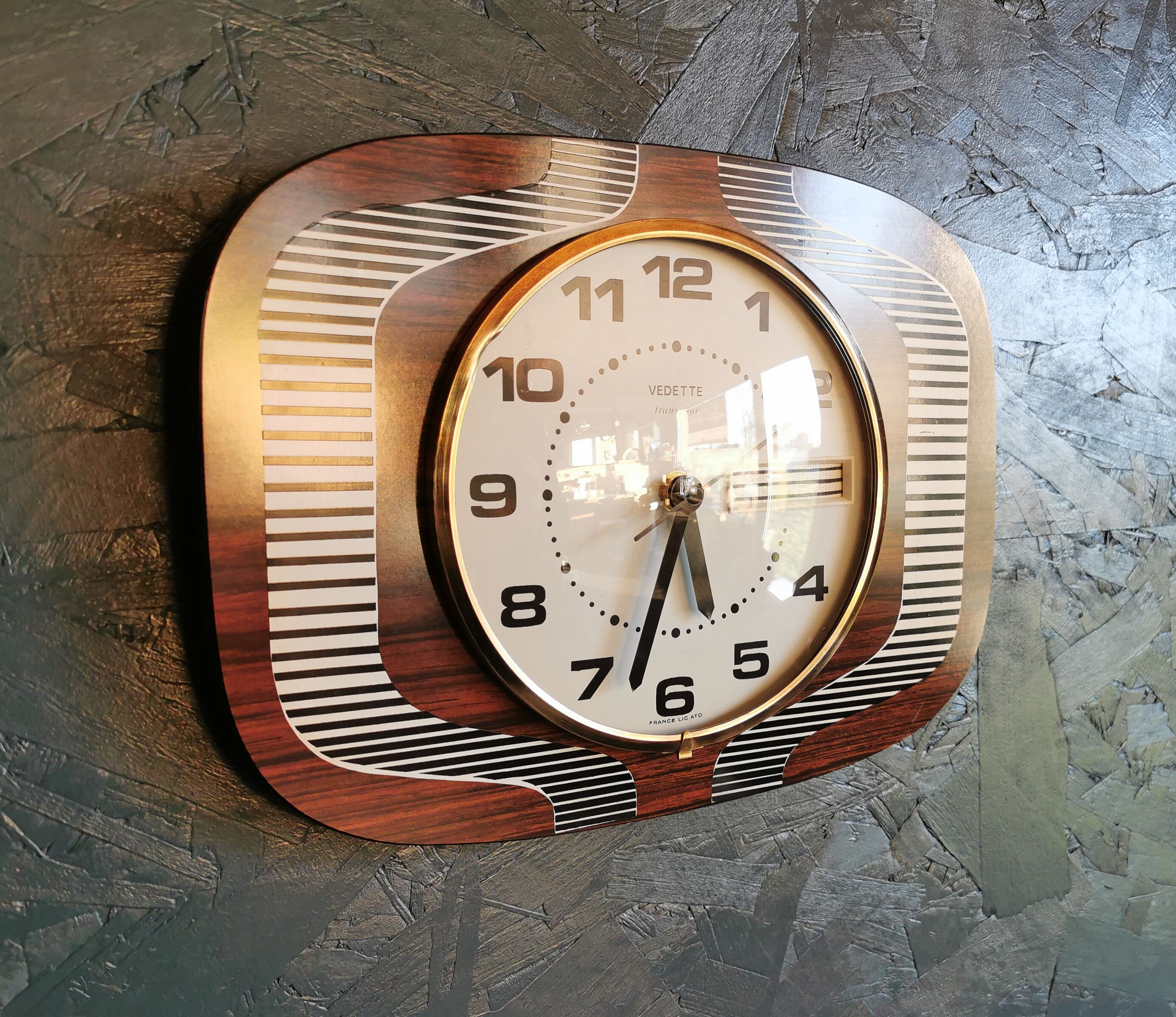 Vintage formica clock silent wall clock "Featured wood stripes"