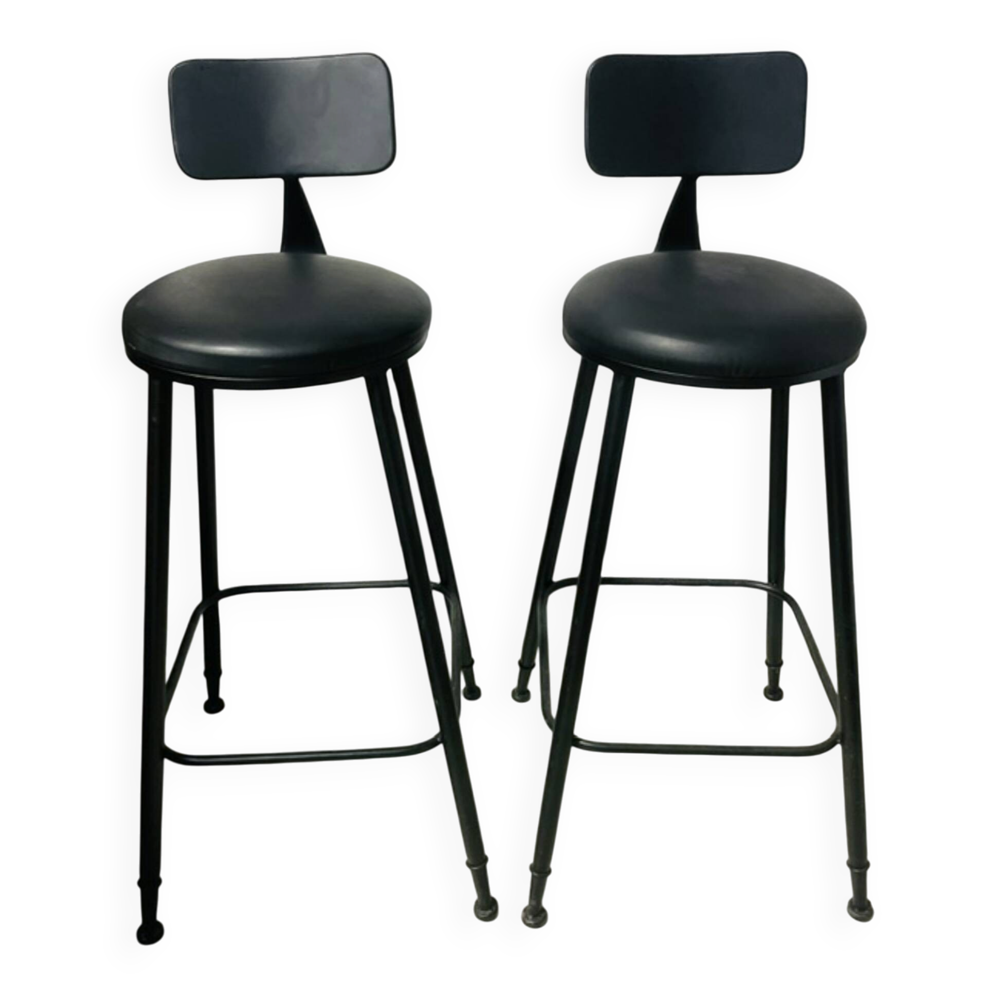 Pair of black bar stools in industrial and contemporary style.