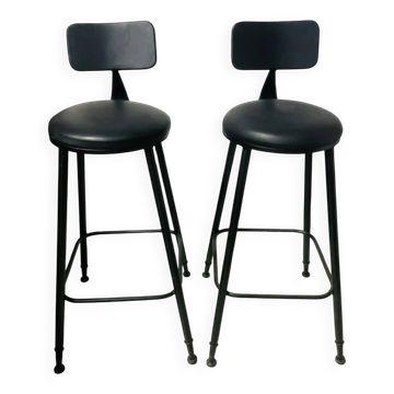 Pair of black bar stools in industrial and contemporary style.