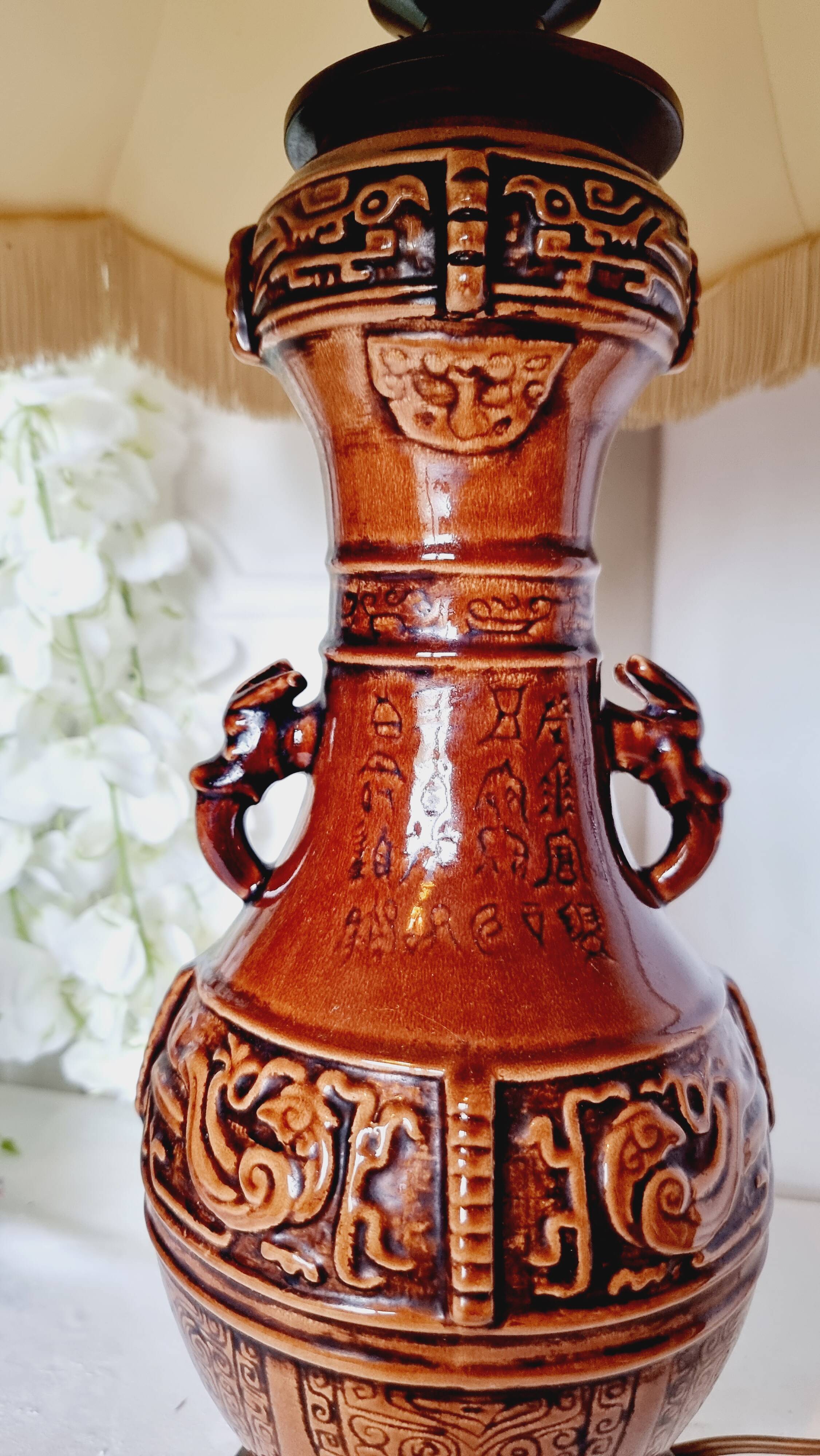 Large vintage table lamp in glazed ceramic, Oriental style 50s-60s.