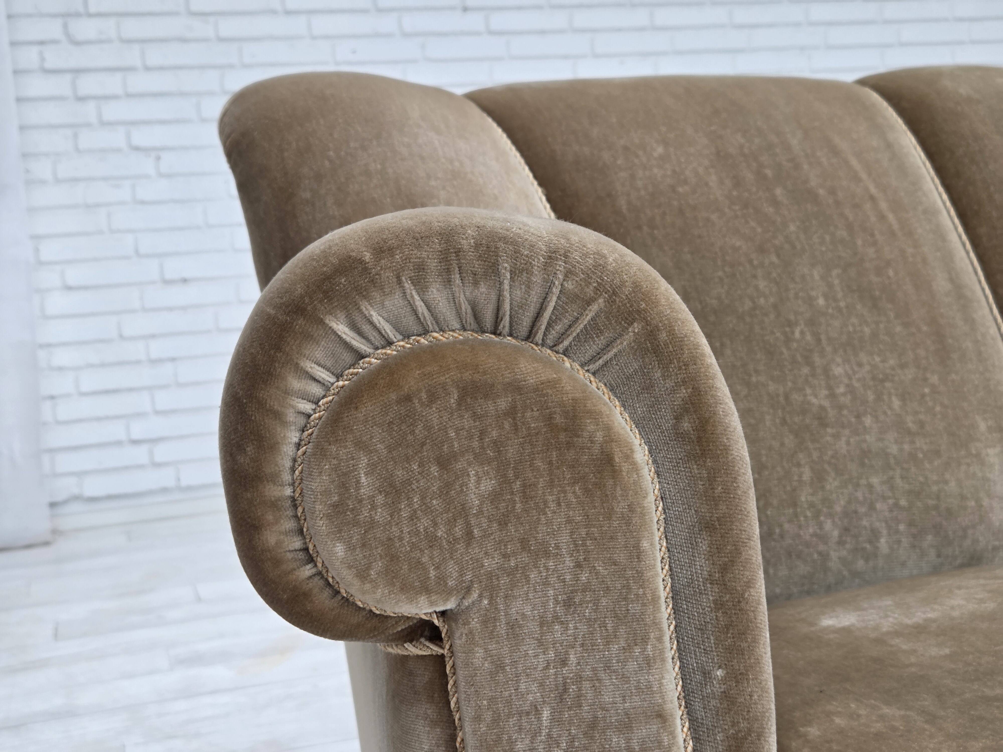 1960s, Danish 3-seater sofa, green furniture velour, oak wood legs.