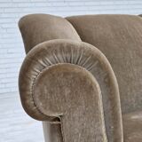 1960s, Danish 3-seater sofa, green furniture velour, oak wood legs.