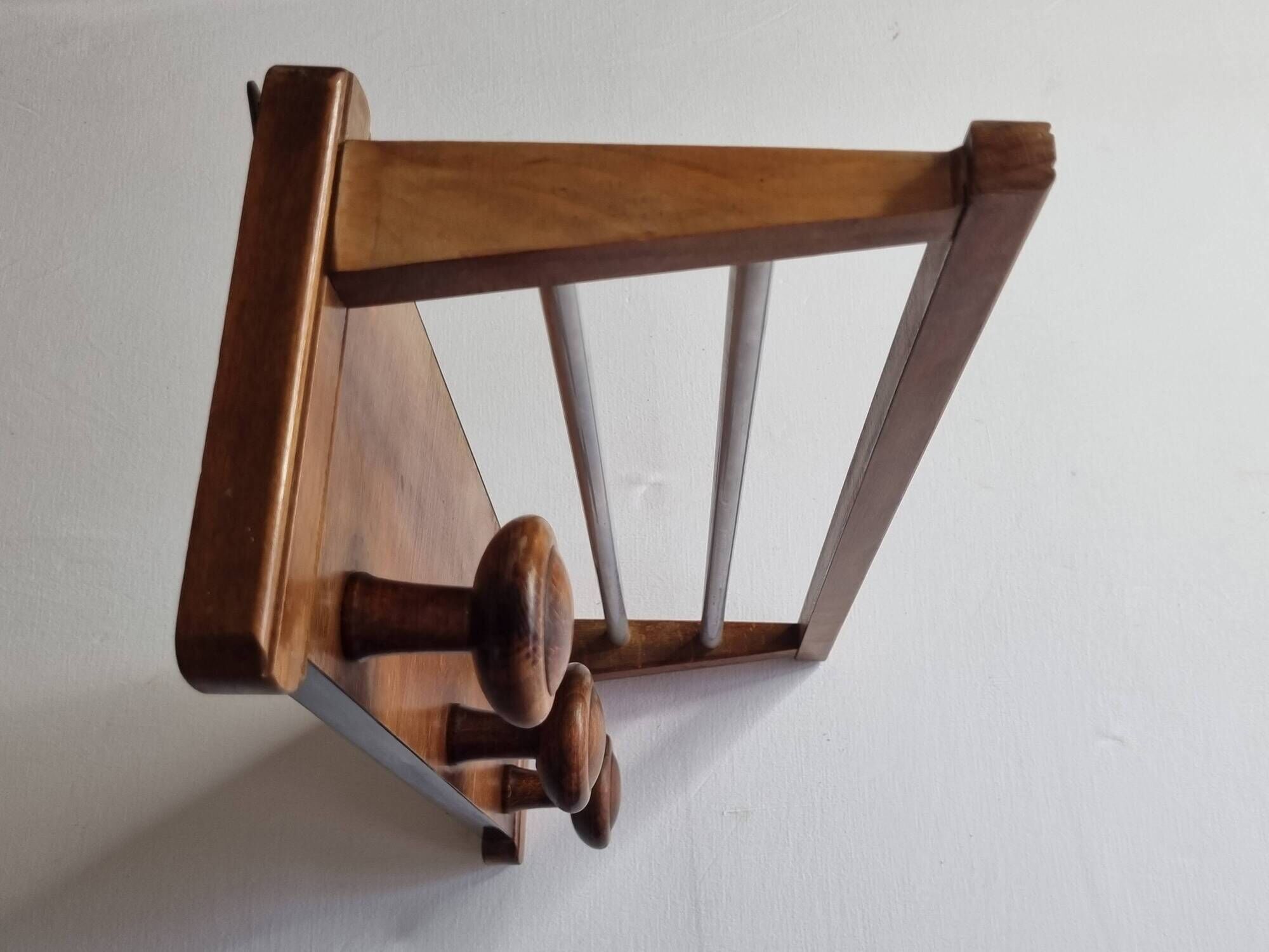 Vintage wall mounted coat rack in wood and metal, 3 hooks, retro style