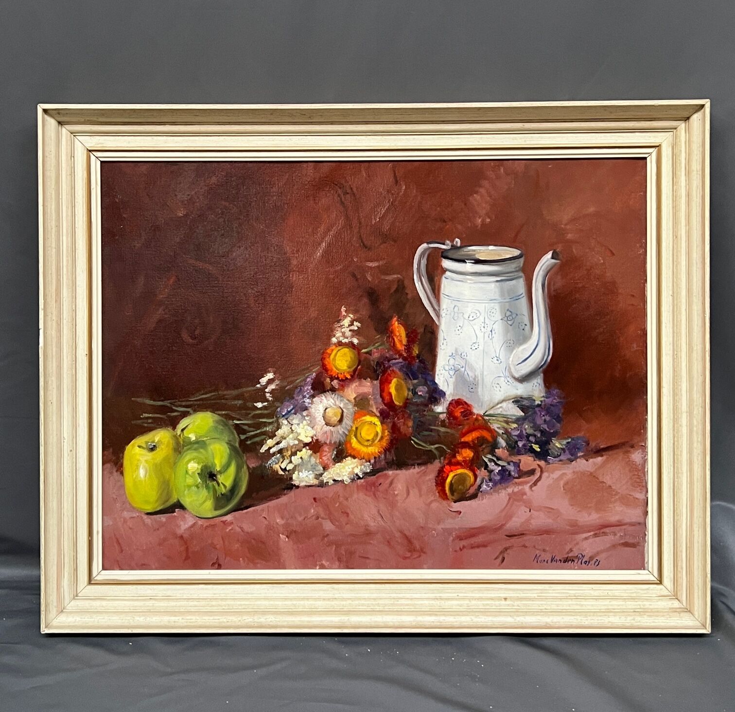 Painting, still life with flowers and fruits.