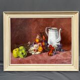 Painting, still life with flowers and fruits.