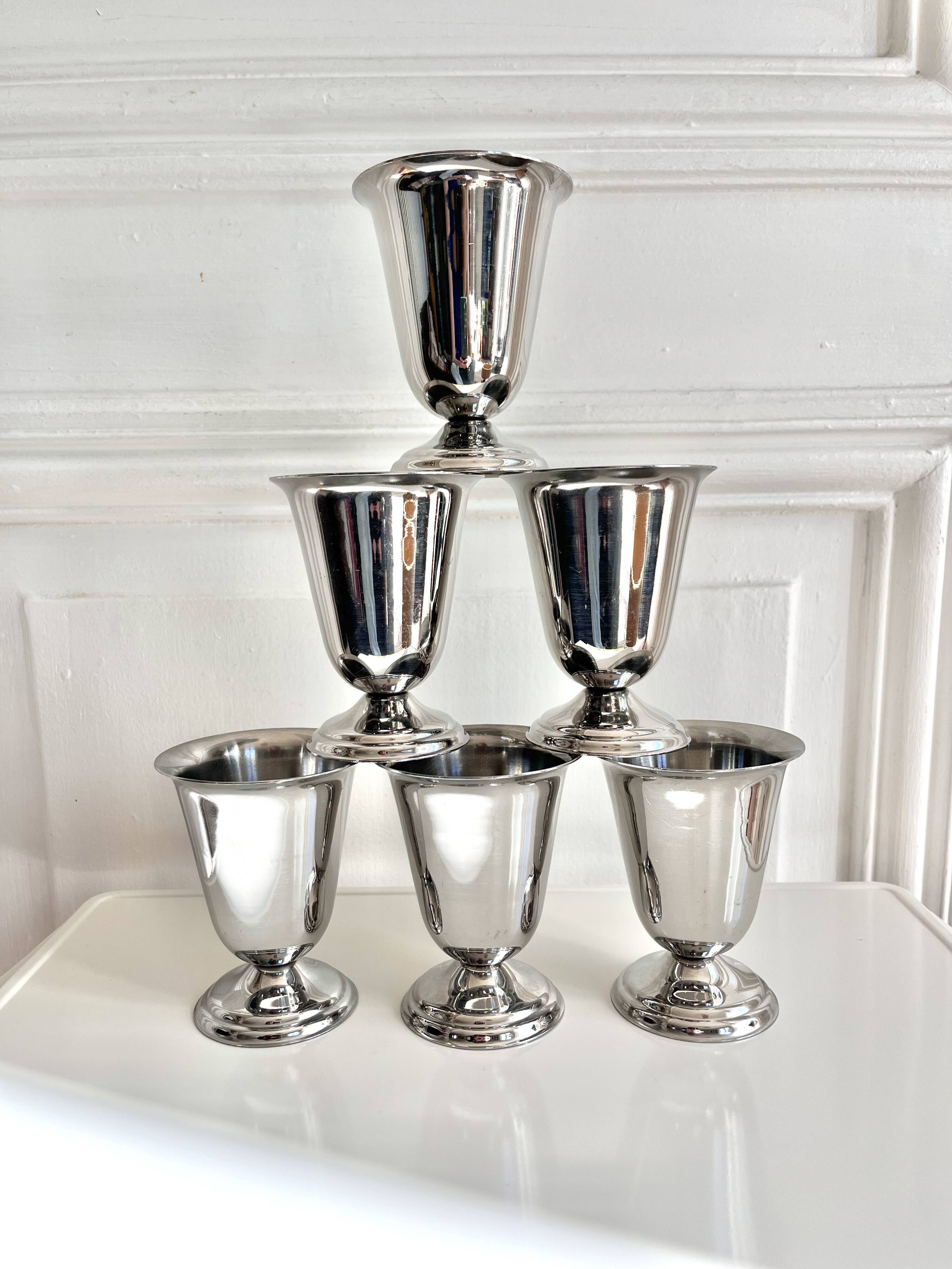 6 vintage stainless steel ice cream cups in the shape of a tumbler.