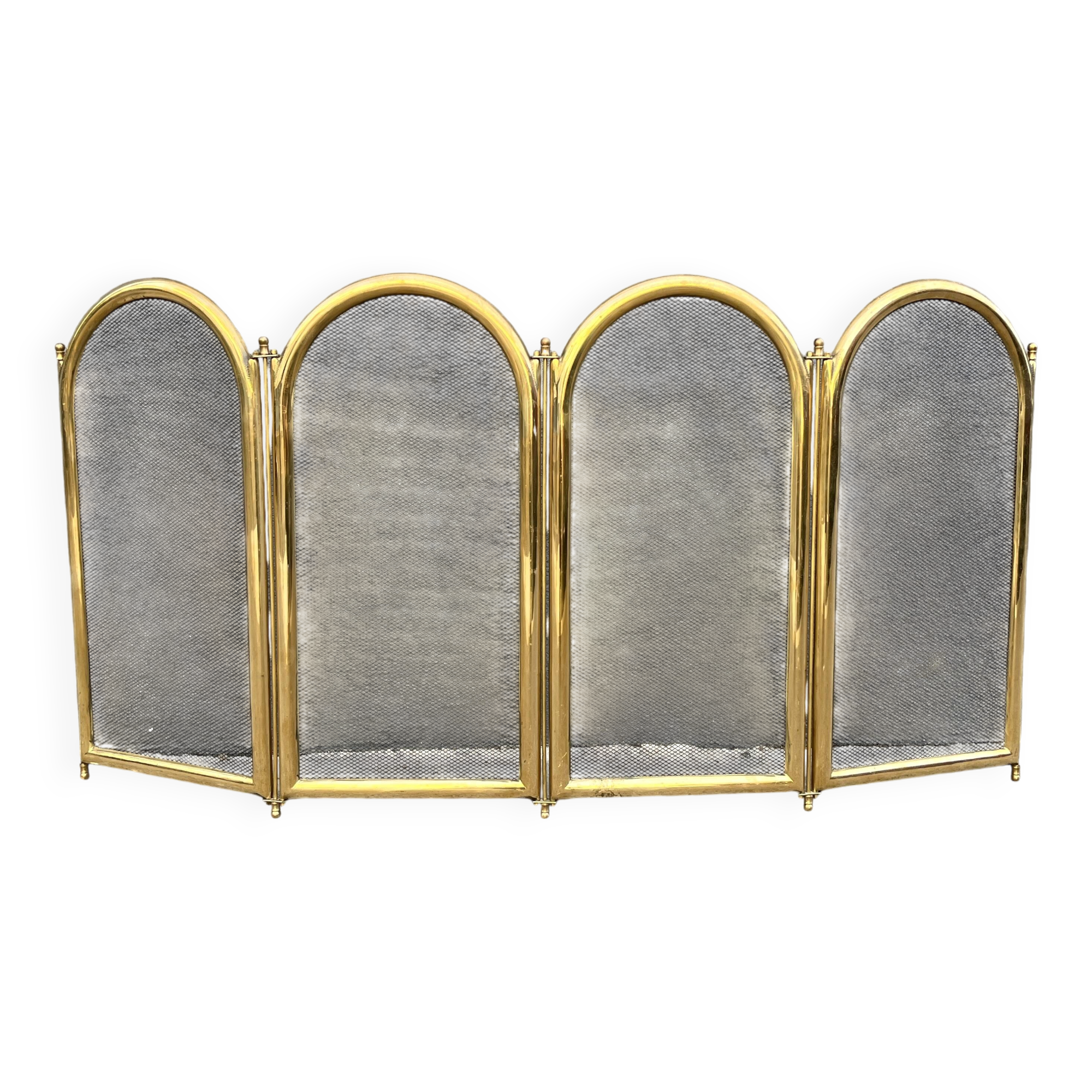 Antique 1920s Brass Fireplace Screen, Vintage French 4-Panel Spark Guard