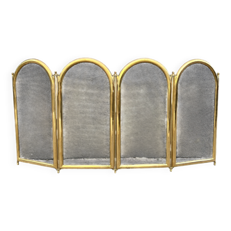 Antique 1920s Brass Fireplace Screen, Vintage French 4-Panel Spark Guard