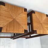 Paire de tabourets bar paille en  bois massif des années  50