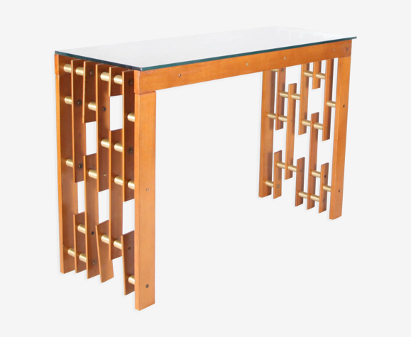 Console vintage en bois et laiton avec son plateau en verre