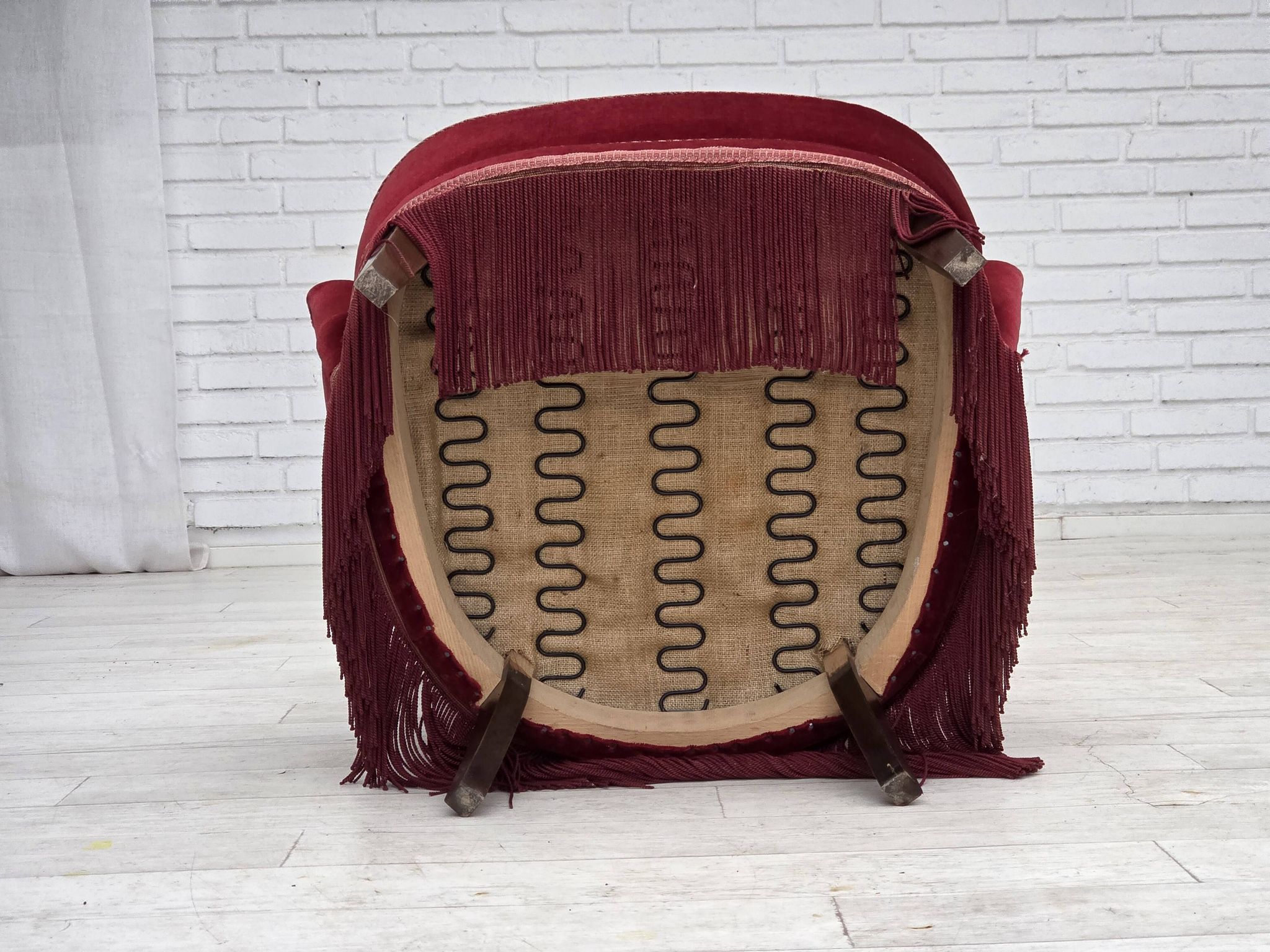1970s, Danish armchair, cherry-red furniture velour, ash wood legs.