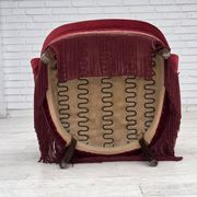 1970s, Danish armchair, cherry-red furniture velour, ash wood legs.