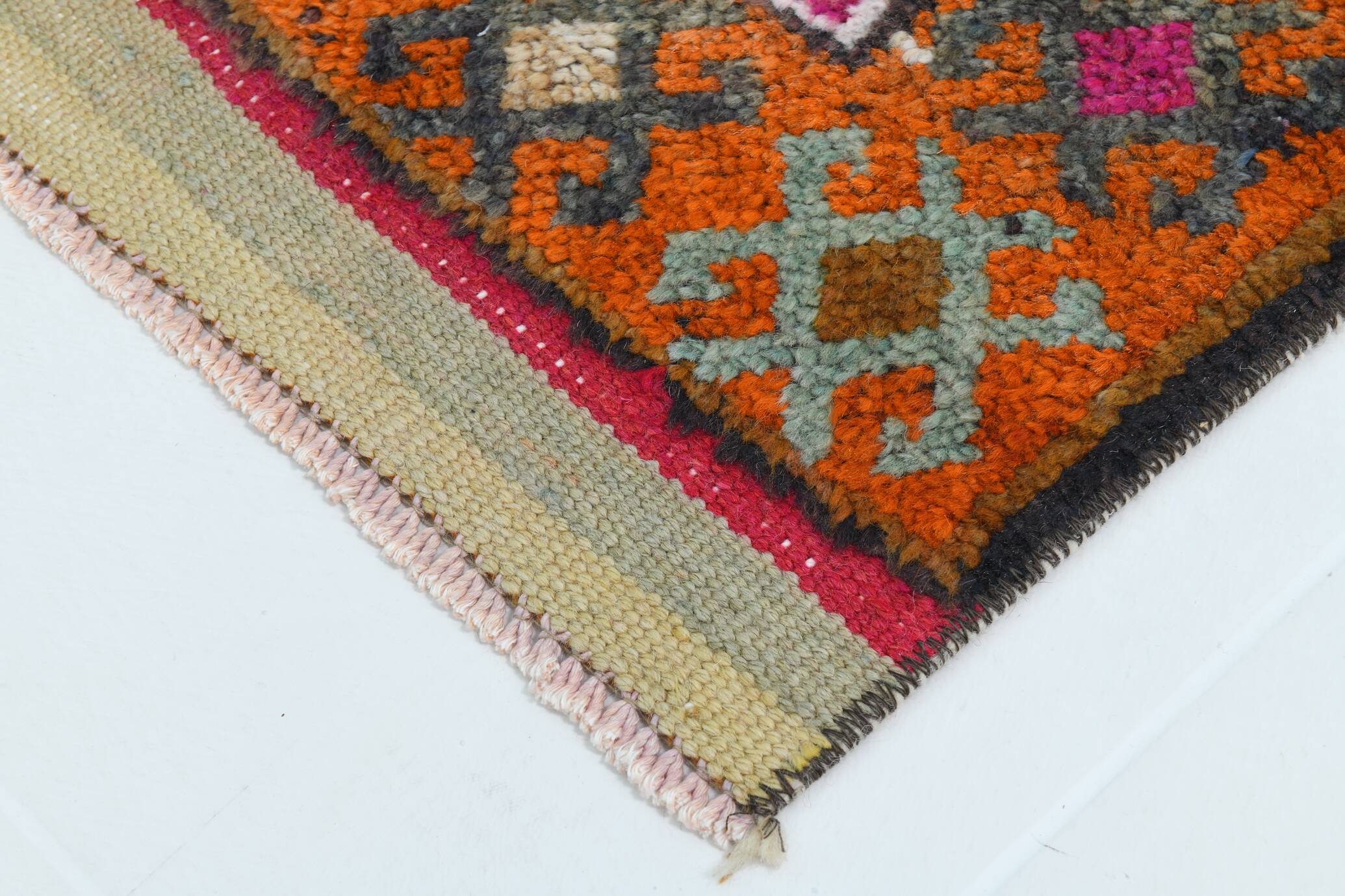 Blue Pink Geometric Oushak Runner Rug, 80x302Cm